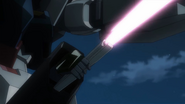 Knee-mounted GN Cannon's hidden arm wielding a GN Beam Saber (00 S2, Ep9)