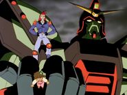 Michelo with his original Gundam: Neros Gundam, with Sophia as his hostage.