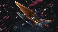 Arios Gundam GNHW/M travelling through the debris field of wrecked mobile suits and ships