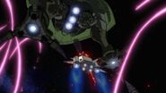 Sleggar Law's Core Booster vs MA-08 Big Zam as featured in the time traveling sequence of Gundam Unicorn OVA