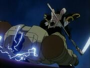 Wing Gundam destroys a Leo behind Deathscythe.
