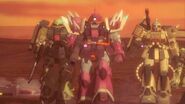 Fred Reber's Efreet Schneid (centre) in U.C. 0096, accompanied by Zaku II Kai (left) and Zaku Cannon (right) (from MS Gundam Side Story: Missing Link)