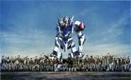Illustration of a damaged Barbatos Lupus with all Tekkadan members used as a photo in the anime.