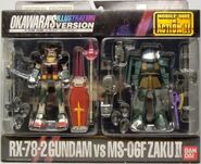 Mobile Suit in Action (MSiA / MIA) "RX-78-2 Gundam vs MS-06F Zaku II" double set (Asian "Okawara's Illustration Version"; 2000): package front view.