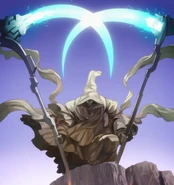 The Warlock demonstrates its twin beam scythes (Visual Novel)