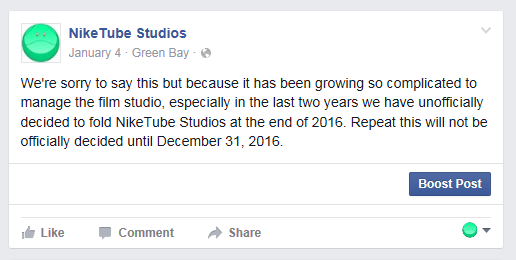 Farewell NikeTube facebook post