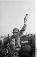 A German soldier with a Leuchtpistole loaded with a Wurfkörper 361 LP, France, 1944.