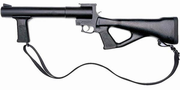 The weapon was developed by Defense Technologies as a 37mm gas gun. 