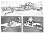 A modern reproduction wheellock mechanism based on Da Vinci's original sketch (top)