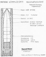 Diagram of 4.73x33mm DM11 Caseless round (German).