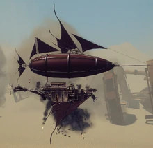 A cloud of smoke emerging from an airship that lost its armor.