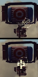 The Гатлинг поражающий  (сверху) и  (снизу), отметки от несколько снарядов.