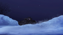 The Panzer IV passing a snow wall.