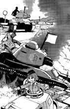 Koume and her Panzer II passing by destroyed BC R35s.