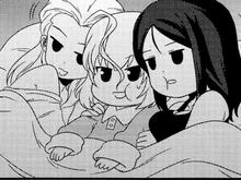 Nonna and Klara cuddling Katyusha (after their prank backfired and they were the one that got scared).