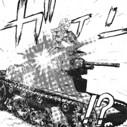 Jajka's tank shot by Shizuka Tsuruki, after she destroy Anchovy's tankette, accusing her to steal her kill.