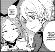 Kiri with Gunner.png (383 KB) Kiri having a cup of tea during the battle between Bellwall and Seiguro.