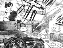 Te-Ke narrowly dodge a shell shoot through buildings.