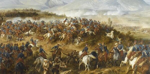 Charge des chasseurs d'Afrique commandés par le général d'Allonville à la bataille de Balaklava, le 25 octobre 1854. A droite dans la vallée la célèbre charge de la Brigade légère. Au premier plan mon trisaïeul  recevant des ordres de son cousin par alliance le général d'Allonville.