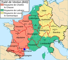 Les Royaumes francs après le partage de Verdun en 843.