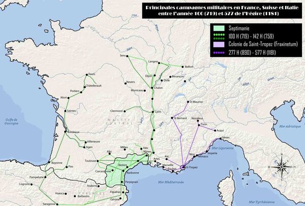 Principales grandes expéditions musulmanes de l'autre côté des Pyrénées.