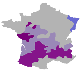 Zones en violet contrôlées par la noblesse huguenote. Zones en violet clair contestée entre nobles huguenots et catholiques. Zones en gris contrôlées par la noblesse luthérienne.