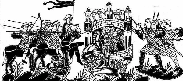 Siège d'une ville par des guerriers francs.