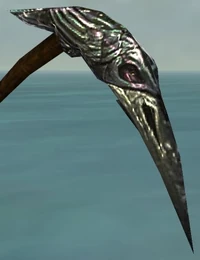 A view of the head of the Raven Scythe with the light producing a highlighting streak that passes through the eye.