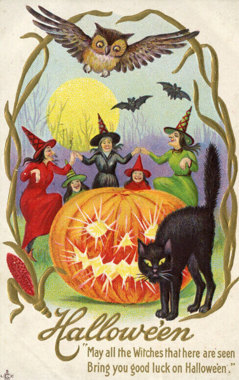 1914 USA Halloween postcard with owls sitting on a crescent moon 1914 USA Halloween postcard with owls sitting on a crescent moon