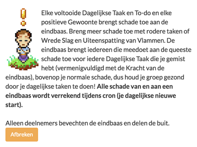 Een rode knop met de tekst "Afbreken" staat onder de uitleg van hoe de queeste werkt.