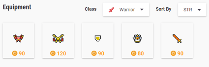 The Market shows the Warrior class sorted by Strength, in ascending order