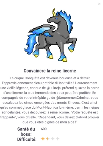 L'image du boss, le texte de la quête et son niveau de difficulté