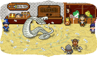There are Habitica characters standing in the Tavern. The Basi-list hisses angrily in the middle of the Tavern.