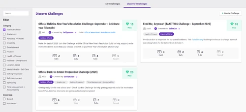 「Habitica 公式」カテゴリを使用してフィルタリングされた 「チャレンジを探す」ページ。