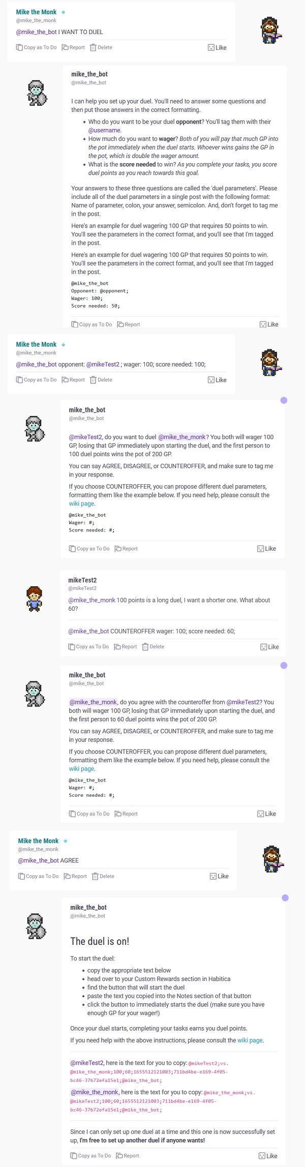 Two players setting up a duel by talking to their Guild's announcer bot