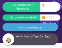 Four pop-up notifications for completing a task, listing experience gain, gold gain, streak bonus, and an item drop.