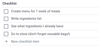 Checklist editor in task edit modal. There are four existing items, which can be edited, and a line for adding a new checklist item at the bottom.