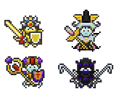 (From top left to bottom right:) A Warrior, a Mage, a Healer, and a Rogue are equipped in their highest-stats gear.