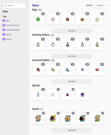 Item inventory page layout