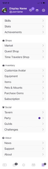 O menu completo de funções não relacionadas à tarefas, acessível clicando nas três barras horizontais na direita inferior da tela