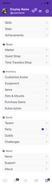 The complete menu of non-task functions、 accessible by clicking the three horizontal bars in the lower right of the screen