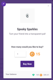 A pop-up modal for Spooky Sparkles. It displays the description of the item and its image, along with the price and a box allowing the user to specify the number of items to buy, with a purple buy button below it. In the top left is a purple pin icon.