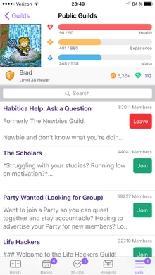 Players can also view the names and descriptions of Habitica's public guilds on the iOS app. Click "join" to become a member of that guild.