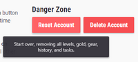 Reset account button in Danger Zone
