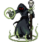 A hooded figure holds a skull cane