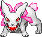 Een boos konijn met roze versieringen.
