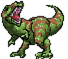 A T-Rex with green skin, its mouth open.