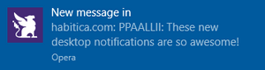 A desktop notification for Habitica. It reads "New message in habitica