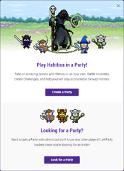 A page with a header depicting four people fighting a boss. Below the header, it suggests that the user play Habitica in a party. A button to create your own party lies in the center of the page. Near the bottom, there is another button to copy your username so as to join someone else's party with brief text above describing it.