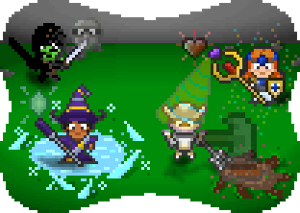 Decorative: The four Habitica classes casting their class skills.